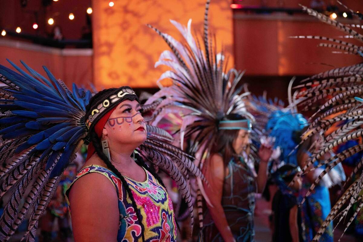 Maquilli Tonatiuh Aztec Dancers performed during the California Museum’s 2025 Día de los Muertos Fiesta.
